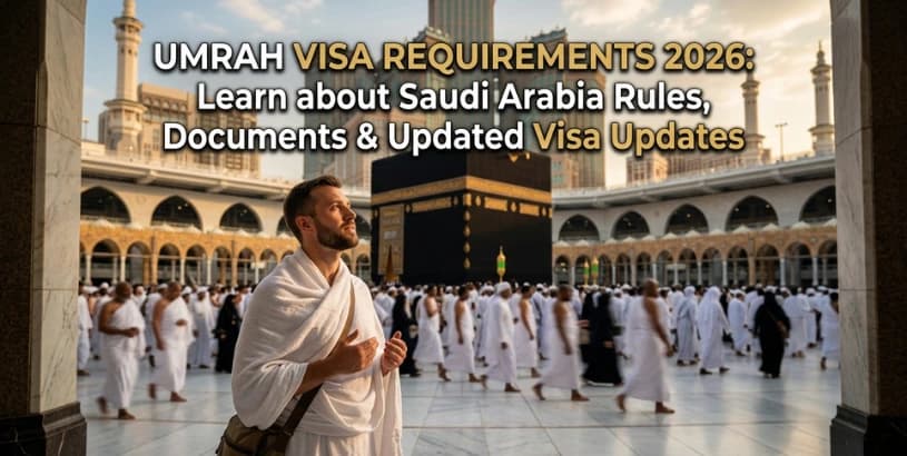 Muslim pilgrim performing Umrah near the Kaaba in Masjid al-Haram, Makkah, illustrating Umrah visa requirements 2026, Saudi Arabia travel rules, required documents, and updated visa regulations.