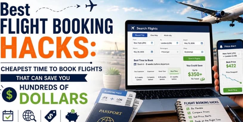 ripPlannerPK – Best Flight Booking Hacks banner showing a laptop with flight search, smartphone price alerts, passport, boarding passes, and airplane, highlighting the cheapest time to book flights and save hundreds of dollars.