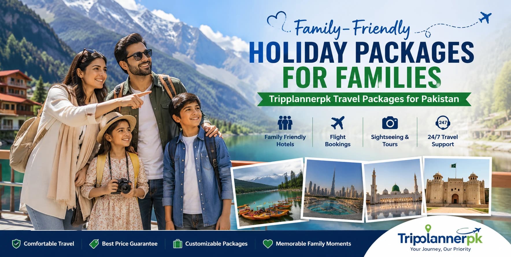 Tripplannerpk family-friendly holiday packages for Pakistan featuring a family vacation, hotels, flights, sightseeing tours, and 24/7 travel support.